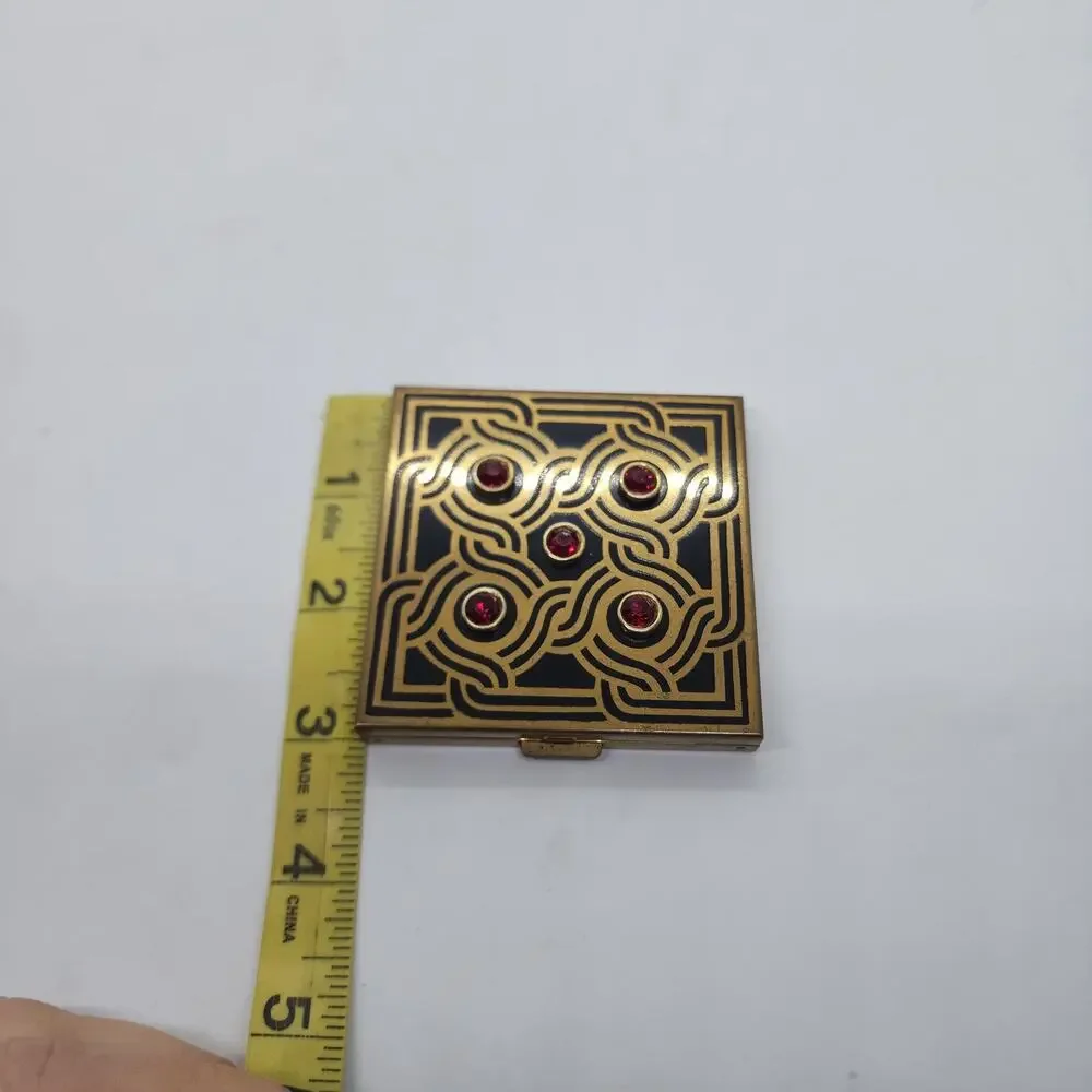 Vintage Volupte Compact Black Enamel Ruby Rhinestone Art Deco Powder Mirror